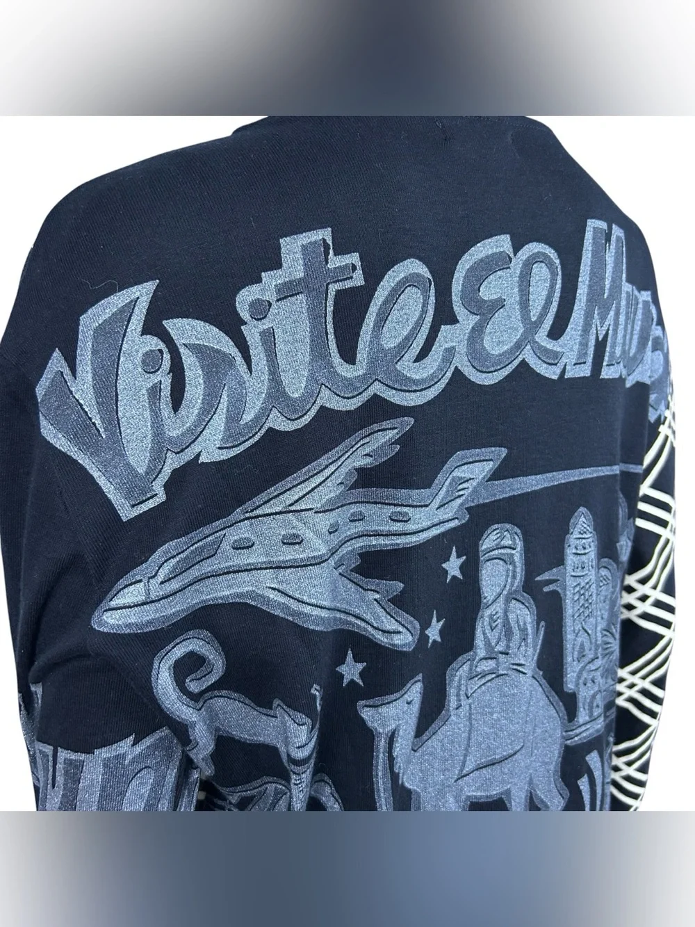 Vintage 90s Custo Barcelona Blue Tower Graphic Print Long Sleeve Top S Rare Y2K